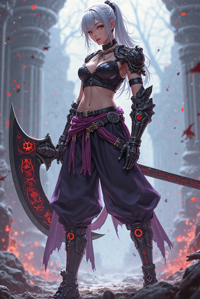 Perfect waist cut, Large breasts, Warrior girl with a scimitar on hand, Skimpy organza clothes ,dark blue hair with red highlights, (perfect nose), Seductive gaze, Boots on high heels (Best Illustration), 8k Resolution, Intricate Details, Best Quality, Realistic, Ultra Detailed, Best Lighting, Best Shadows, Ultra HD, A Necromancer style, Night, Magic, Dark Style, Vampire, (shining red eyes:1.6), masterpiece, high_res, Beautiful face, tyndall effect, photo realistic, (high detailed skin:1.2), 8k uhd, dslr, high quality, Photograph, high resolution, 4k, 8k, Bokeh, absurdres, ponytail contorted, best ratio four finger and one thumb, front view, dark blue hair gorgeous, perfect proportional skinny fitness body, full body view, wet skin, wet clothes, dark cathedral baground scenery, huge bobs, belly muscle, long fit perfect legs