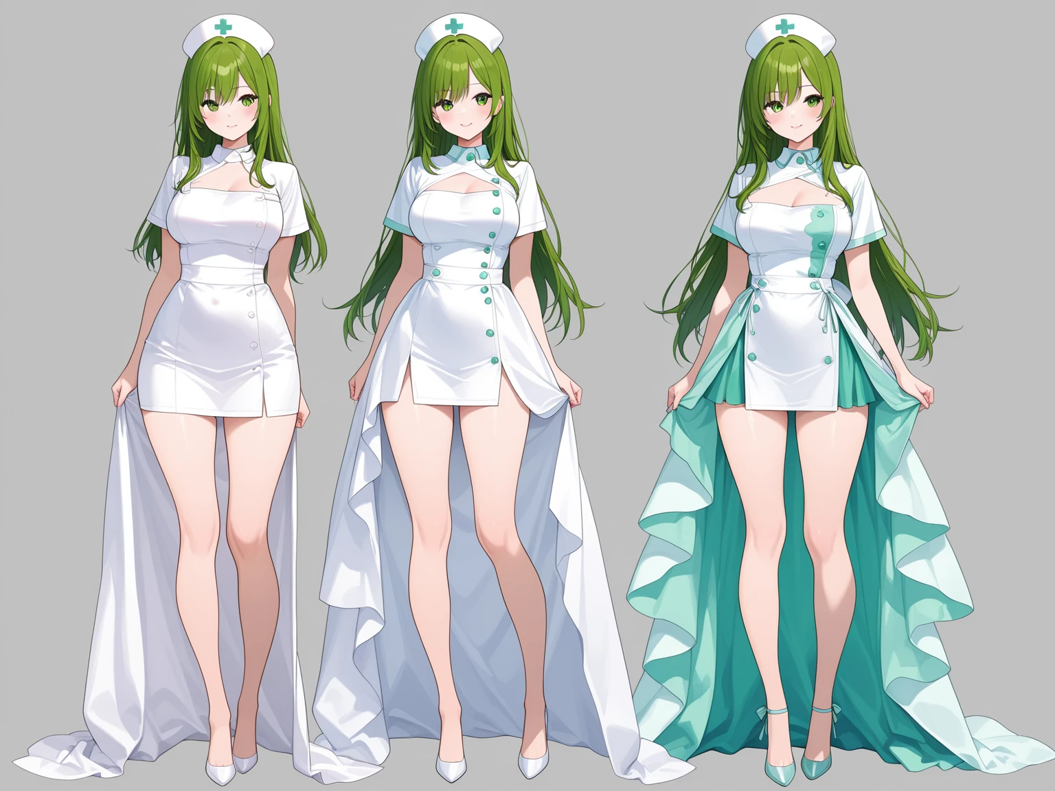 /(Girl),(woman),(super hot),(18 years old),(super beautiful and sexual),(green eyes and long green hair),(white skin color),(height 1.72cm),( super big body With super mega big breasts and hot ass),(structured body),(slender body),(wearing),+(a white dress, the Kurokawa Nurse uniform It consists of a highly fitted white dress, made of a fabric thin and slightly shiny clings to your curves, highlighting your silhouette, the dress is short, ending mid-thigh, revealing a significant amount of skin and giving a provocative appearance. It reflects light in a subtle way, adding a touch of elegance to the look. Deep neckline: The neckline of the dress is V-shaped, deep and bold, exposing Kurokawa's upper bust. This detail is designed to be extremely sensual, increasing attractiveness. and confidence of the character. The neckline is outlined by a discreet seam that reinforces the edge, maintaining the shape and preventing the fabric from stretching or molding. Front buttons: a line of small silver buttons runs along the front of the dress, starting at the neckline and ending at the waist. These buttons are both decorative and functional, allowing the dress to be partially unbuttoned to reveal more skin as needed. They are positioned in a necessary way, ensuring that the dress is well fitted. The sleeves are tight, gently hugging Kurokawa's arms without restricting movement. The sleeve edge is decorated with a thin white stripe, adding a subtle and refined detail to the uniform. White Stockings: Complementing the dress, Kurokawa wears white stockings that extend halfway down her thighs. The socks are made from an opaque and slightly elastic material that fits perfectly to the legs. They are held in place by discreet garters, which add an additional erotic element to the look without being