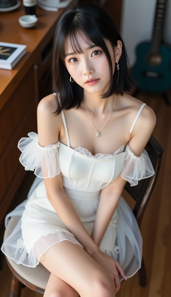 (space_buns_hairstyle:1.3), woman poses for photos, bare legs, full body shooting, wearing shoulder-length chiffon dress, holding pillows
Expert, 8k, high resolution, masterpiece, best quality, head:: 1 girl, ((Hasselblad photography)), delicate skin, clear focus, (cinematic lighting), at night, soft lighting, dynamic angle, [:( details:: 1 girl): 0.2 girl], ((sitting at the table))),