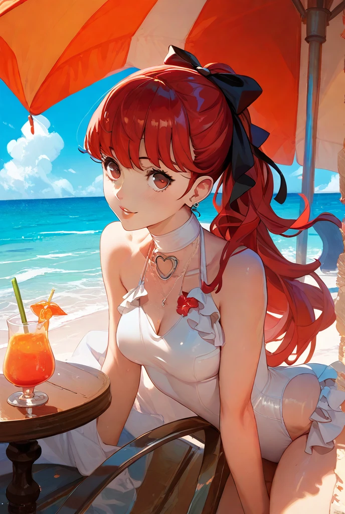 A young woman with short twin tails of crimson red hair and blue eyes. She is dressed in a modern fashion Loose and spacious white cloth for swimming that covers most of her skin. She wears a large straw hat. She wears sunglasses. she is sitting either next to or on a beach. She holds a glass of juice in one hand"