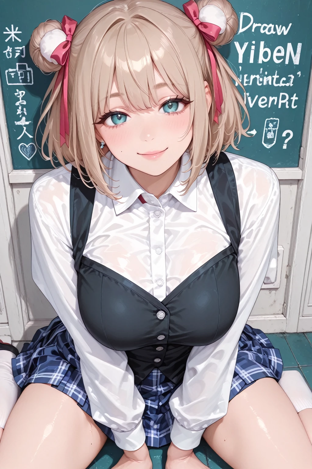 blonde, short hair, girl１, in the School classroom, (upper body), completely nude, (small nipples:1.2), (small areolas:1.2), kawaii, cute, purple eyes,(open white shirt),(shy), (blush),light smile