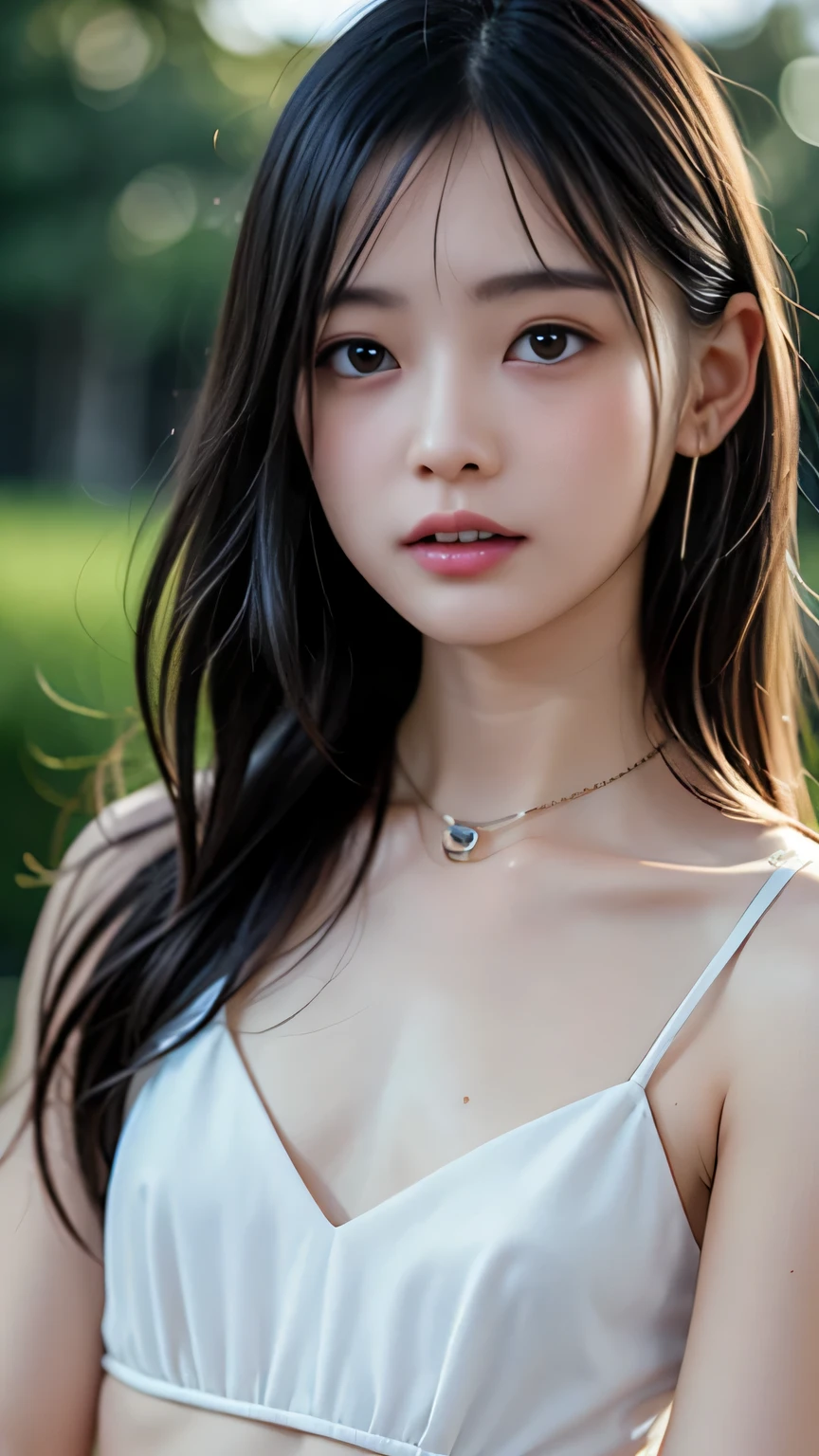 randome pose、top-quality、超A high resolution、(RAW photography、top-quality、tmasterpiece、Photorealsitic:1.5)、1 rapariga,Tight white shirt、(brunette color hair:1.2)、parks、view the viewer、Super angry big face,full bodyesbian