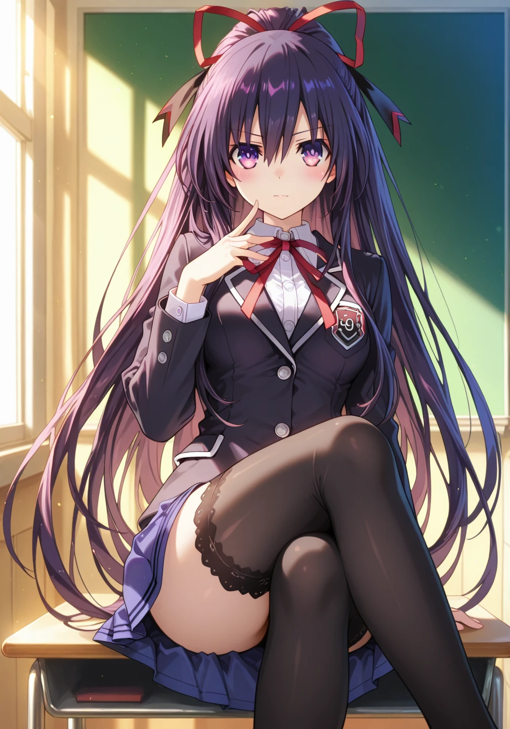 masterpiece, best quality, ultra-detailed, illustration, warm lighting, bright colors, 1girl,solo, long hair, very long hair, rosaria le friede,
black hair, blue eyes, black dress, black pantyhose,
school uniform, light smile, sitting, outdoors, t-shirt, casual wear,
<lora:Rosa:0.60>