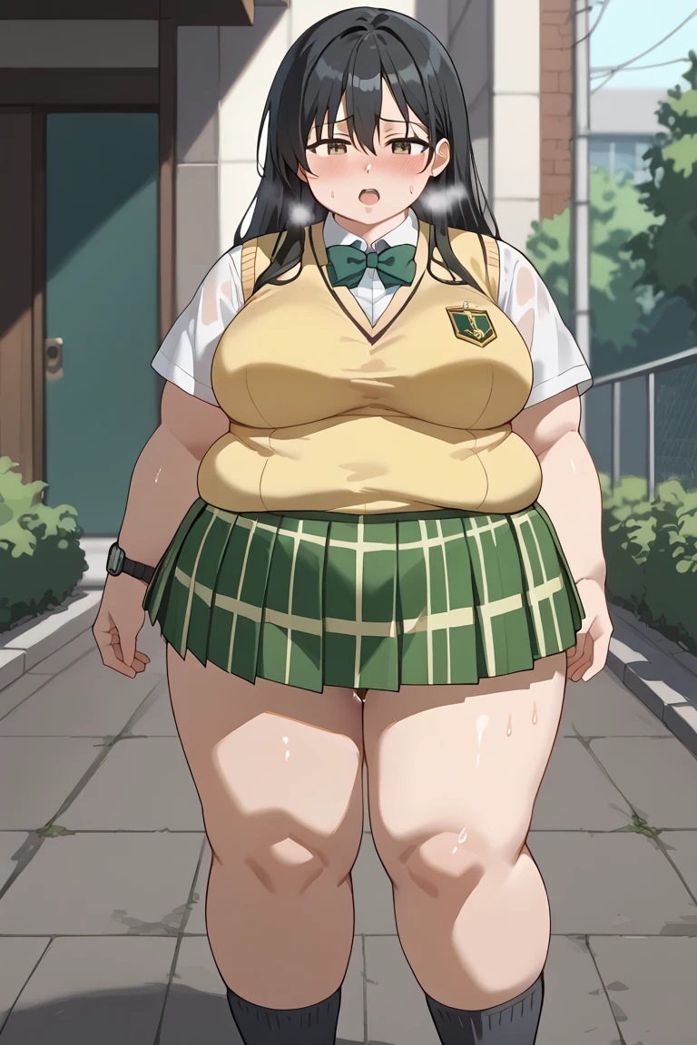 ((((kipteitei art)))), ((highres)),Masterpiece, high quality, best quality, beautiful, perfect lighting, detailed face, ultra cute face, ((1girl)), ((solo), brown hair, bob cut, bangs, ((fluffy hair)), brown eyes, nervous look, shy, embarrassed, weight conscience blush, ((school uniform)), ((tan Blaser sweater)), (tight clothes)), ((undersized skirt)), school bag on shoulder, thigh highs, green skirt, outside, walking though suburb, ((small breasts)), perky breasts, ((wide hips)), (((thick thighs))), (tummy bulge), 19 year old girl,