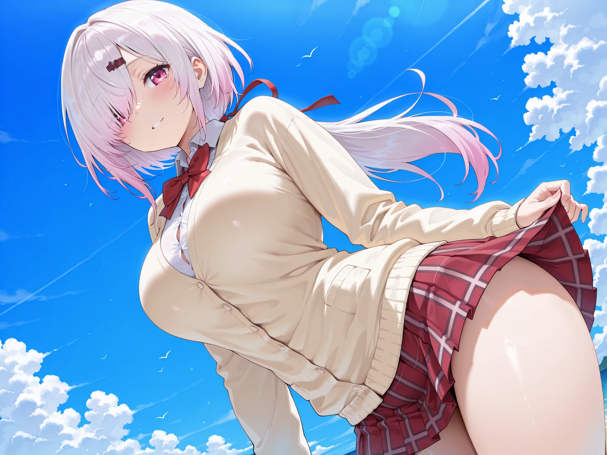 solo,masterpiece,best quality, amazing quality, highres, absurdres, very aesthetic, high resolution, ultra detailed, perfect details,nijiyuika,large breasts,pink eyes,gradient hair,light pink hair,white hair,round face,long hair,hair over one eye,low ponytail,hair ribbon,hairclip,nijiyuikacos,white shirt,collared shirt,red bow,cream-yellow cardigan,red skirt,miniskirt,plaid skirt,pleated skirt,curvy