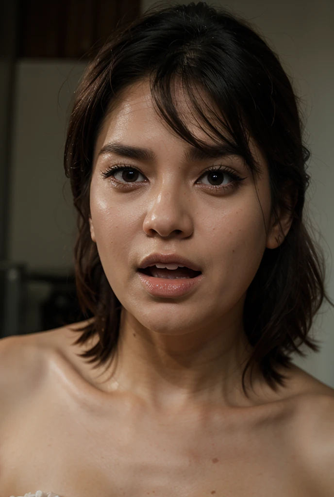 Woman on knees, oval face, crying, sad, distressed, sexy body, brown long hair, (looking at viewer), makeup, fit, erotic body, Cleavage, Cosplay, Tongue out, (best quality,4k,8k,highres,masterpiece:1.2), ultra-detailed, (realistic,photorealistic,photo-realistic:1.37), HDR, UHD, studio lighting, ultra-fine painting, sharp focus, physically-based rendering, extreme detail description, professional, Pastel colors, bokeh, portraits, landscape, horror, anime, sci-fi, photography, concept artists, warm, soft lighting,Grasping hand