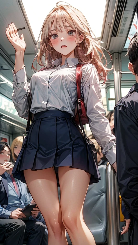 (Best quality, 8K, Masterpiece:1.3, 1 girl, solo, Beautiful girl), cute, Dynamism, Detailed face, Detailed skin, detailed clothes, Detailed eyes, Detailed lips, Detailed tongue, Detailed fingers, Detailed mouth, Photorealistic, Raw photo, highres, hight resolution, Natural lighting, dynamic pose, perfect anatomy, toned legs, double eyelids, tear bags, round eyes, moist lips, sweaty, ecstatic face, school uniforms, jacket, tie, brown pleated skirt, braided hair, light brown hair, in the crowded train, crowds, half closed eyes, (masturbation), bra visible through clothes, sheer wet, blush, pov, open mouth, tongue out, ahegao smile, drooling, peeing, cum in pussy, skirt lift by own hands, open legs standing, mesh panties, from below, glasses