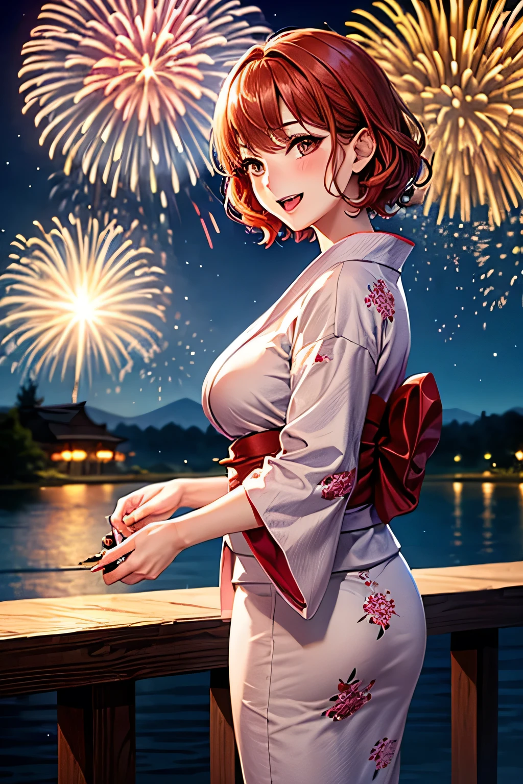 1girl,solo,super detailed skin,shiny skin,seductive look,half open eyes,eyelashes,lips gloss,pale red hair,short hair,hime cut,large breasts,floral printed yukata ,night balcony,fireworks ,cowboy shot,masterpiece,best quality,ultra detailed,high resolution,sharp focus,depth of field
