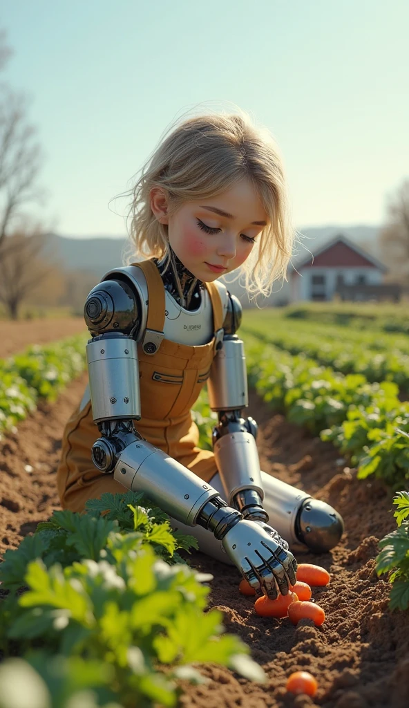 little robot with tablet in hand, in a corn plantation field, em 3D