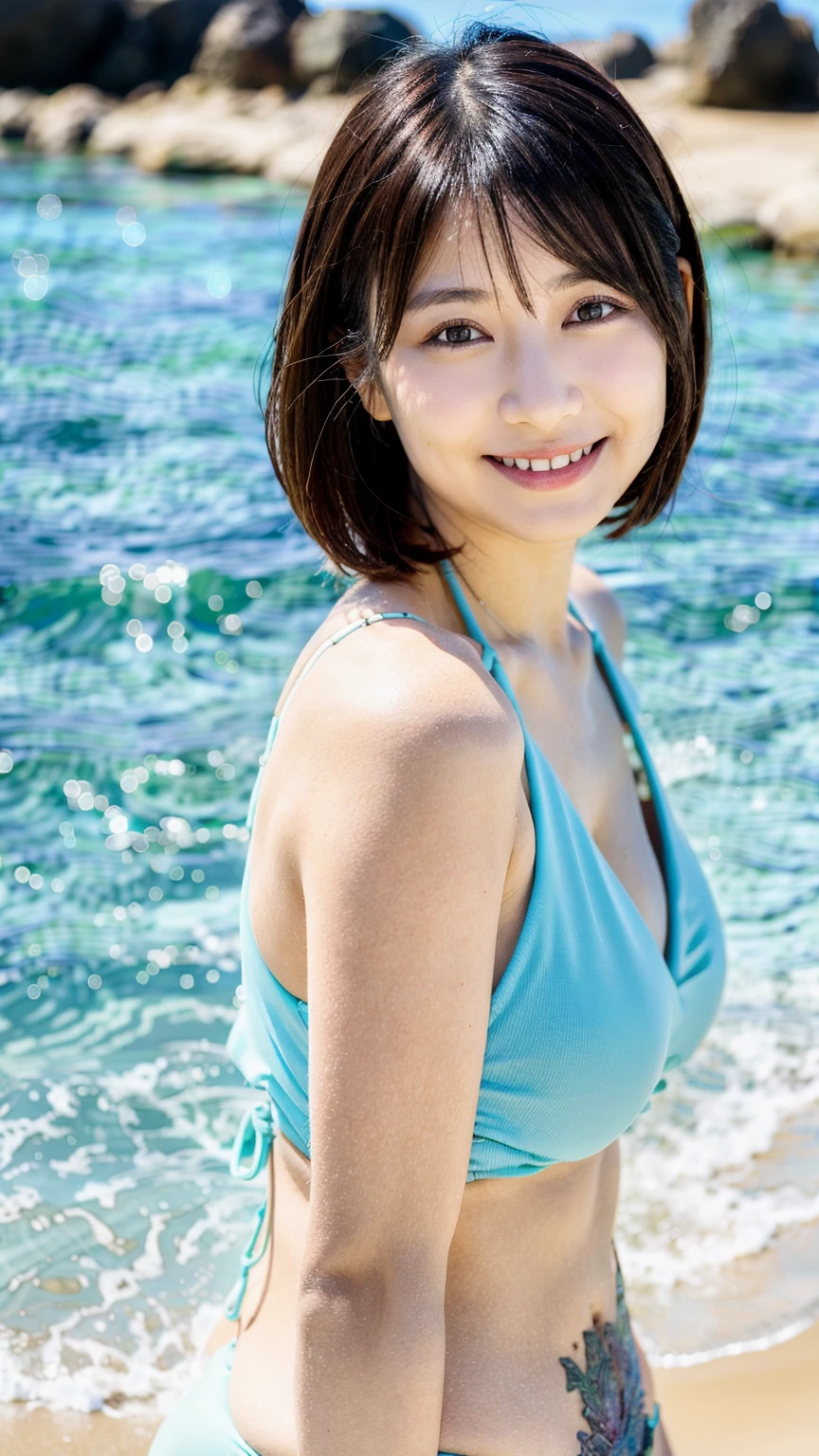 masterpiece, highest quality, High resolution, Photorealistic, RAW Photos, 8k wallpaper, perfection, Professional Lighting, Outdoor, Very detailed, Written boundary depth,Beach、Sandy Beach、sunset, ((One beautiful woman, Japanese Mature)), (48 years old)), Sexy Woman, Detailed face, Beautiful Eyes, bangs, Shapely breasts, Emphasize the chest、Her cleavage is visible、Light brown straight hair, Faint lips,　Points First(Touching lips:1.5)、 ((Stand in front、Gazing at the viewer、Serious face eyes。)), Blue Elegant Dress, Off-the-shoulder dress、Cowboy Shot。
