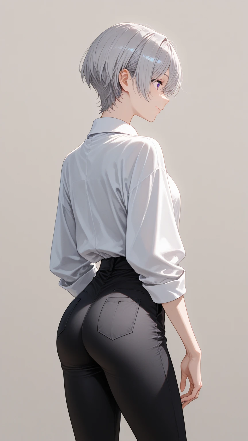 18Year old boy、Short brown hair、Right behind、(((Back view)))、((In a white T-shirt))、((The lower half is naked))、Spread your arms、No background、Leg spread