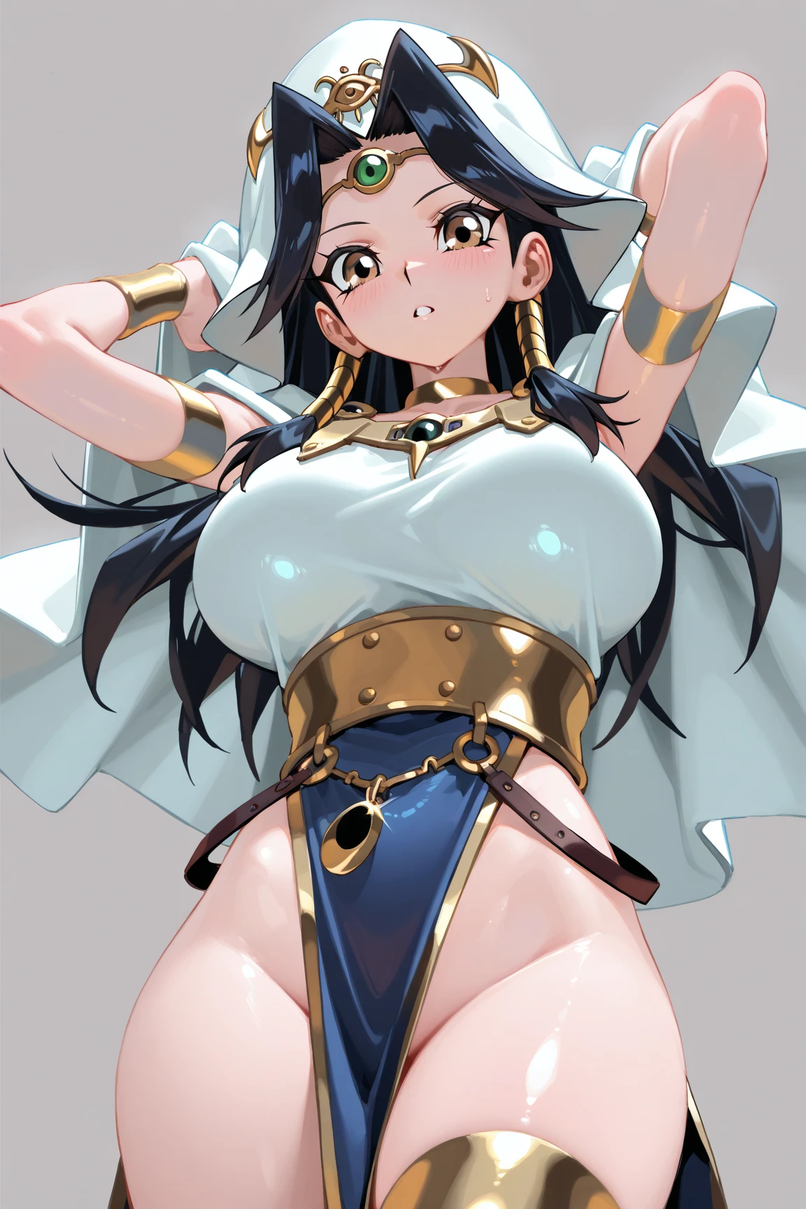 Akane tendo, cabello azul, Cabello corto, ojos cafes, ojos detallados, cuerpo completo, lindosexyrobutts, blusa negra apretada, top corto negro, ombligo descubierto, ropa pegada al cuerpo, Tanga sexy, medias sexys, 【Costume】【Cosplay】White Dress of Albedo (Overlord), tanga blanca, escote grande, peinado corto, short hair,