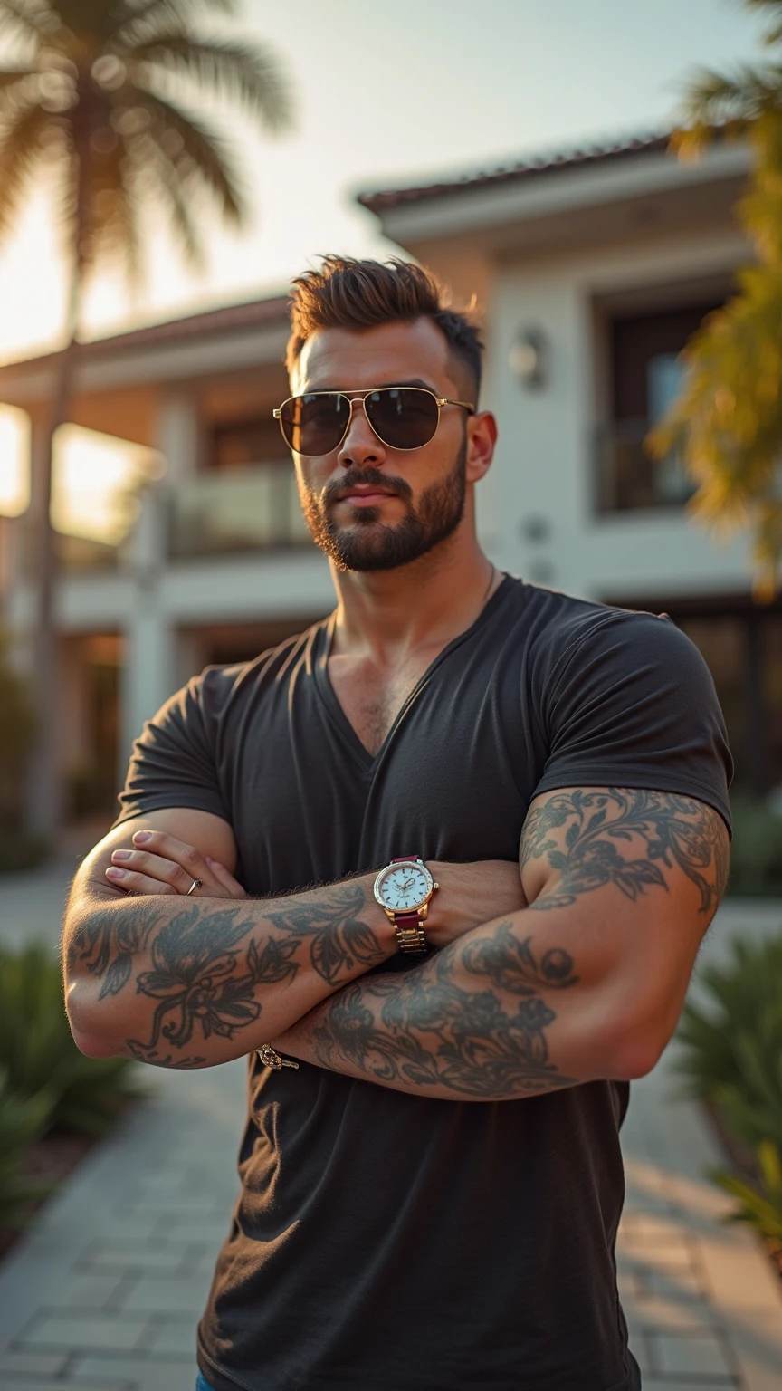 arafed man with tattoos on his arms and arms holding a pair of glasses, inked, with tattoos, muscular body tattooed, strong and imposing, mid-shot of a hunky, strong masculine features, sexy masculine, (sfw) safe for work, tattooed man, masculine pose, thicc, tattooed body, tattooed, tight fit, lit from behind