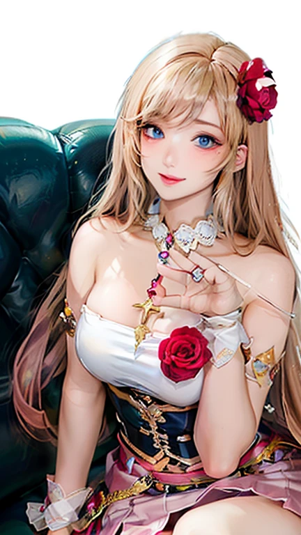 (masterpiece:1.4, best quality), (intricate details), unity 8k wallpaper, ultra detailed, beautiful and aesthetic, perfect lighting, (1girl),(blonde hair, green eyes, flat_chest),, dynamic pose, dynamic angle,  lipstick, slim, slim body, , detailed background, realistic, perfect detailed face, detailed eyes, highly detailed, blush, hair ornament, rolling_eyes, cross-eyed,