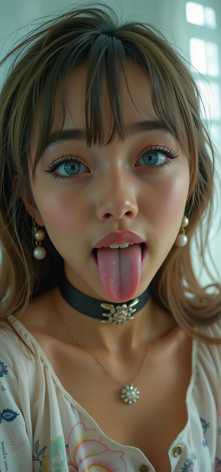 Emery Ratajkowski,rolling eyes, tongue out, long tongue, drooling, ahegao, retina, textured skin, anatomically correct, high details, high quality, ((Dark Eyes,black eye)),Very beautiful face and eyes, Big eyes, 1 female、Real skin type,Pores are visible,