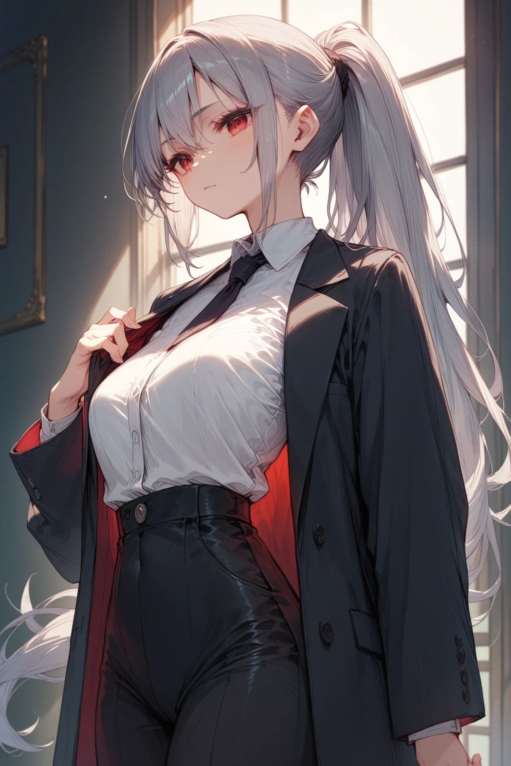 frolaytiacapistrano, frolaytia capistrano, long hair, bangs, hair ornament, (purple eyes:1.3), white hair, hair bun, single hair bun,
BREAK (konekouniform, , white shirt, skirt, red skirt, black ribbon, masterpiece, black corset, kneehighs, black socks:1.2),
BREAK Angle from below, ((hands behind back:1.5)),
BREAK (art: 1.2), best quality, high resolution, 8k unitary, (illustration: 0.8), (beautiful detailed eyes: 1.6), extremely detailed face, perfect lighting, extremely detailed in CG, (perfect hands, perfect anatomy),