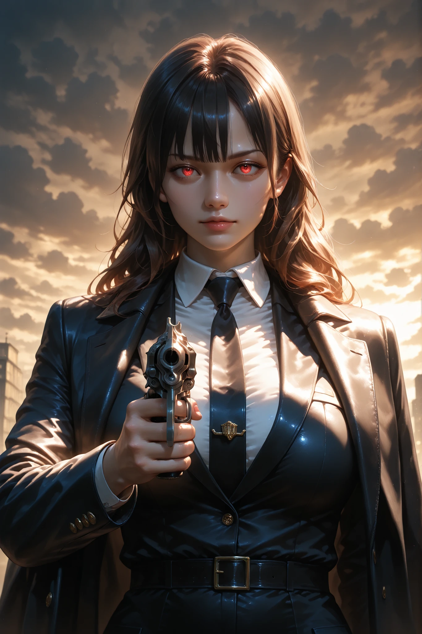 girl, Mafia leader,  revolver in hand , mafia clothes, domineering posture , detailed study, realistic, 4k, High quality, HDR, professional lighting, amazing detail, фотоrealistic, deep sharpness, rich colors, cloudy atmosphere, mafia environment, Crime thriller, dark shadows, dramatic lighting