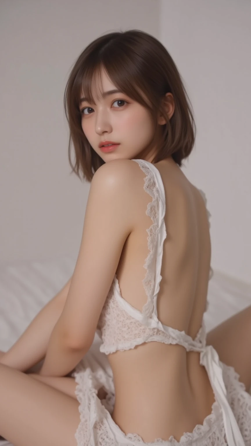 (((highest quality,Very detailed,masterpiece,Very detailed))) ,loose breast,See through,bra、panties、barefoot,One Girl,Realistic,(((all fours))),Bedroom、Looks sleepy,22 years old、