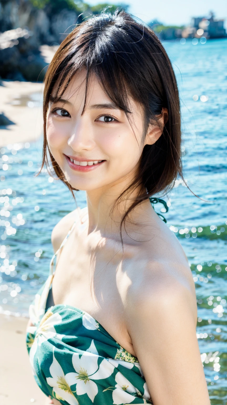 ((highest quality, 8K, masterpiece :1.3)), 1 girl, A cute woman who emphasizes her slender abdominal muscles :1.3, (brown hair, twin tails, small breasts:1.2), wet body:1.2, summer sandy beach, super detailed face, Highly detailed eye resolution, double eyelid、White frilly bikini、raise the corners of the mouth、beach、Lying on the beach、gravure pose、hair blowing in the wind、smile、white teeth、Hold your chest together with both hands、blue sky、Low - Angle、female leopard