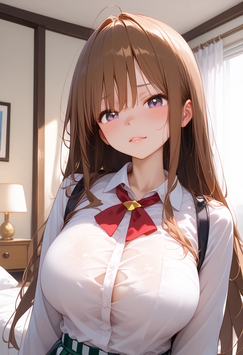 highest quality、one beautiful woman、beautiful big breasted woman:1.5、straight hair woman、high school girl、(brown haired woman:1.3)、(A woman wearing a white collared shirt:1.6)、(A woman wearing a red and black plaid miniskirt:1.3)、woman wearing a red tie、School、classroom、night、big smile、illuminated by moonlight、woman with hands on hips