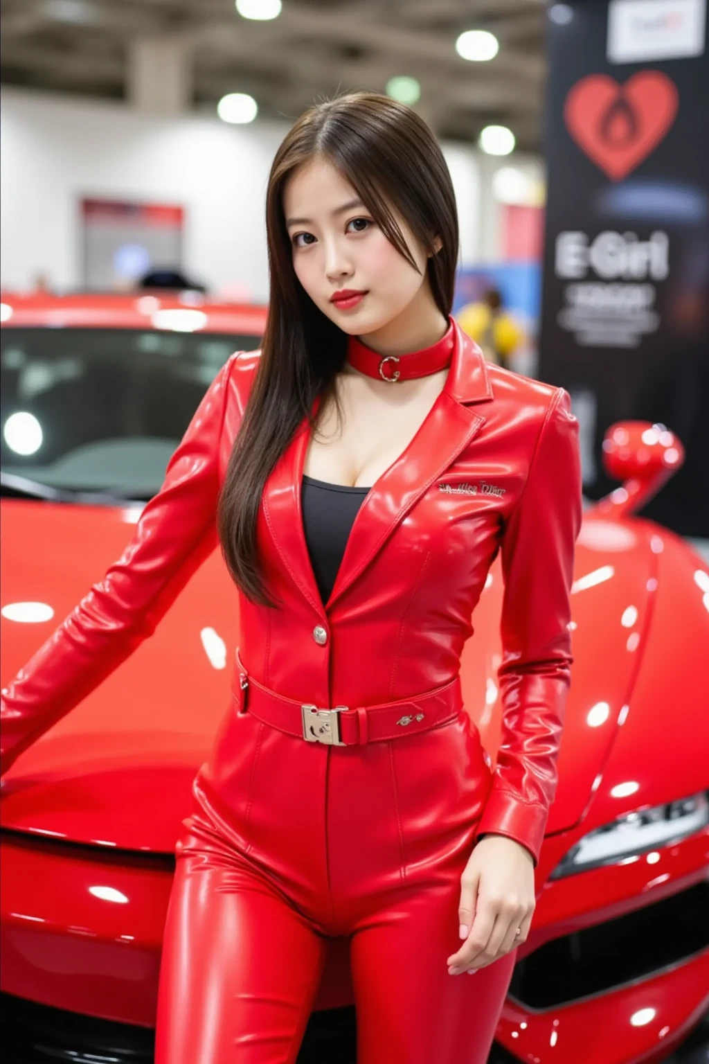 8K, masterpiece, best quality, photo realistic, ultra-detailed, 2 girls, athletic body, dark brown hair, dark brown eyes, realistic skin texture, (breasts:1.0), (smile:1.0), gaze at viewer, (form fitting car racing suit), (open zipper), (no helmet), very sexy, (cleavage), movie lighting, face focus, fine eyes, detailed face, well lit face, day light, racing cars in background