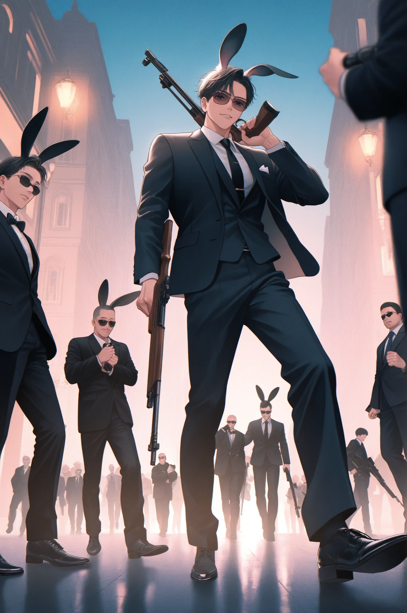 Handsome muscular man in a suit and wearing a cute turtle mask surrounded by three women all wearing masks, one of them in a wheelchair wearing a kitten mask. another girl with a bunny mask and very short clothes. the last one with a devil mask ( anime )