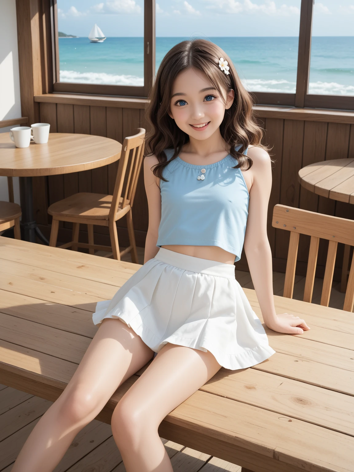 8K,masterpiece,Portrait Photography,Japanese,8-year-old girl,Big eyes,Fine grain,delicate,Extremely small breasts,Neat,Cute outfit,Playing on playground equipment in the park,Children are playing on the playground equipment.,Bright spot,The light makes the clothes transparent,Girlish clothes,Summer Dresses,separate,Quite short in length,My belly is visible,Beautiful light blue outfit,Tank top,Extremely short skirt,Micro Mini Skirt,Micro mini chiffon skirt,Lace hem,Lace on the chest,ribbon,Medium-long hair,Cute sandals,Cinematic lighting,Natural smile,Natural pose,Reader model for children's fashion magazine,