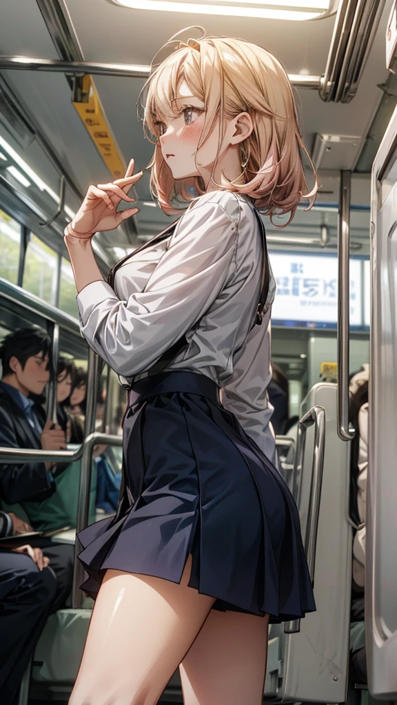 1 female,The perfect 20 years old,gal,((ideal ratio body proportions:1.3,small head:1.7)),tan skin,(((high quality anime, 8k,masterpiece,Perfect Anatomy))),after sex,(beautiful detailed face closed eyes,sleeping), BREAK ,blonde hair,short bob hair,bangs, BREAK ,tears,blush,drooling,cowboy shot,small breasts,slender body,toned body,skinny,sweat, BREAK Sexy 、white formal shirt、Long sleeve、pleated navy itting,seat、Inside the train、Tokyo、Asahi、