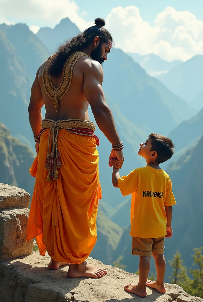 create a high quality realistic image, in which beautiful lord Rama carrying bow is holding hand of a 2 boy, the boy is wearing saffron shirt with his name 'shubh' written in white bold letters on his top clearly, the boy is watching towards lord Rama with little smile, both are standing, the background is of interior of a temple with  boldly written on top and the environment is gorgeous.
Make sure boy's name should be spell out correctly .