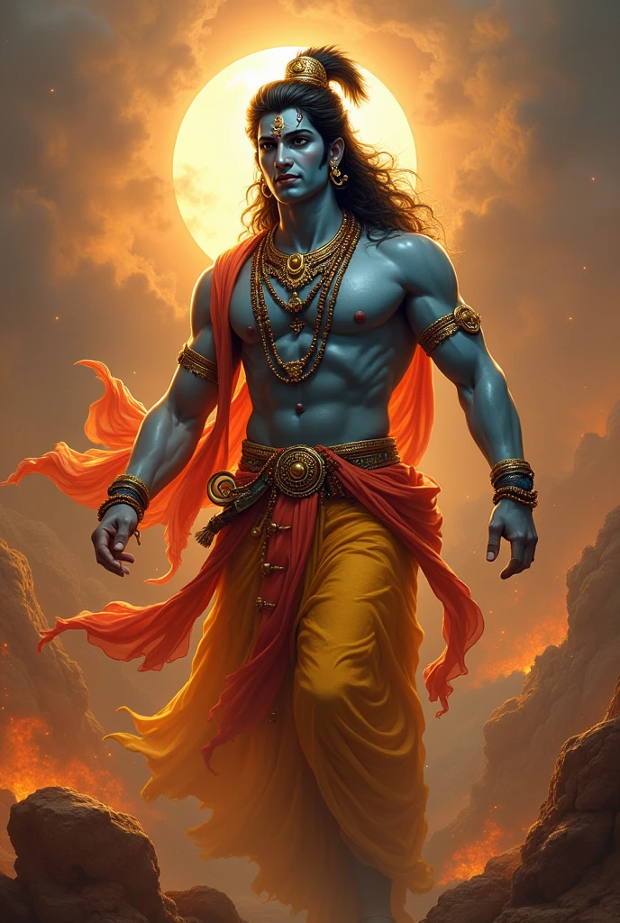 Blue skin,dreadlock hair,Male Lord Shiva,slender,pink there,a moon,,natta,lake
