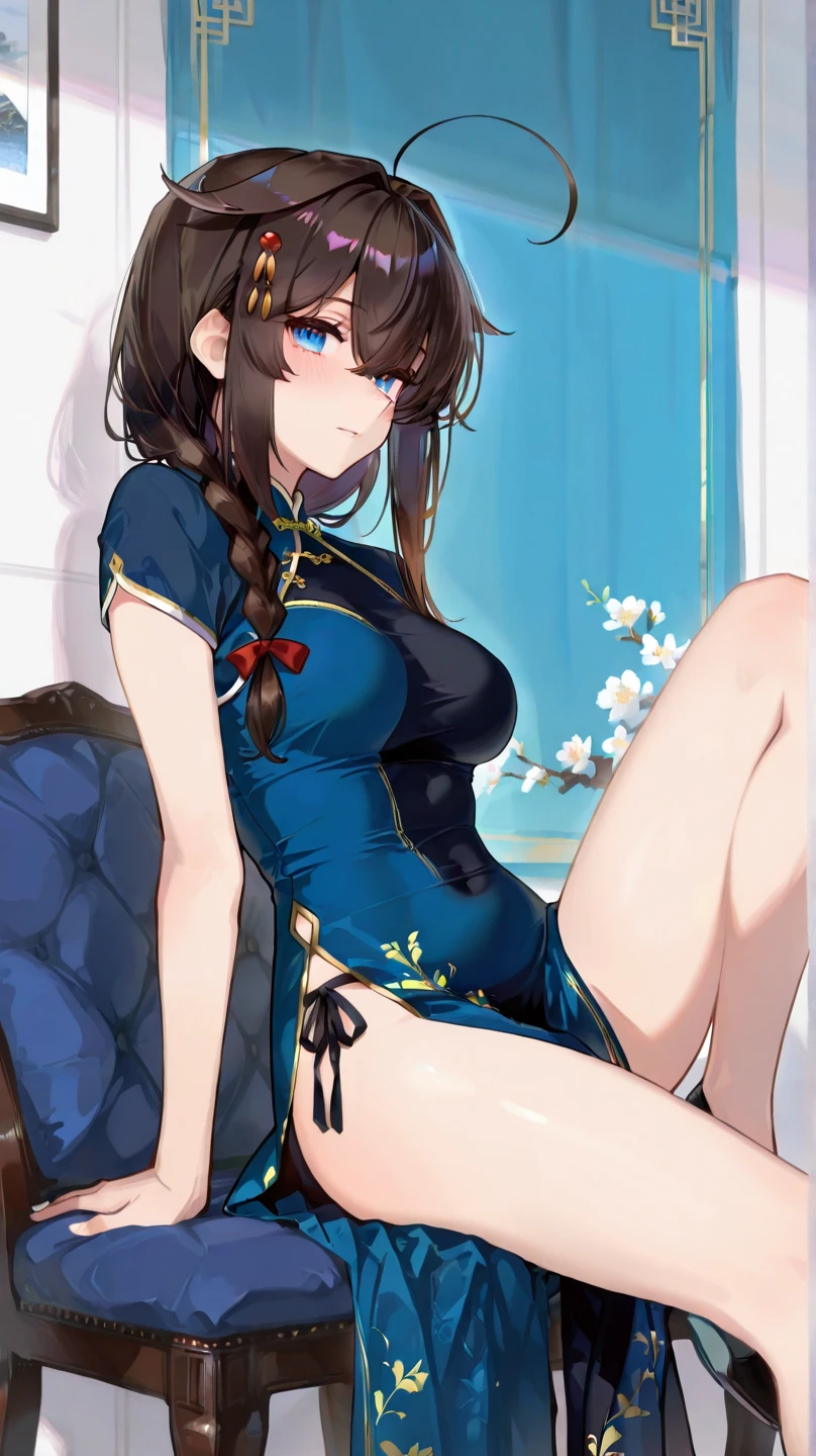 (Realistic:1.3), (photoRealistic:1.2), (highest quality), (Detailed skin:1.3), (Intricate details), One girl, 19 years old, Detailed skin texture, (blush:0.5), Scattered beneath the surface, smile, Black Hair, Straight Hair, Long Hair, bangs, Hair between the eyes, Hair volume is low, Sparkling blue eyes, Lens Eye, Light reflection in the eyes, Symmetrical eyes, looking at the camera, hair ornaments, Close-fitting clothing, Wearing edgJF_China dress, Side slits, (China dress), Floral prints, Two arms, Five fingers, Two joints in the fingers, Fingers are roughly parallel, barefoot, Depict the whole body. ((Study)), Browsing Caution, (((Sex))), Pussy, Heterosexual, vagina, (penis), 1 boy, Sex, Break it_panties, rough, Wavy,shoes, Exposed Skin, Sensual, Sex, Breaking POVHipGrabCowgirl, Nice