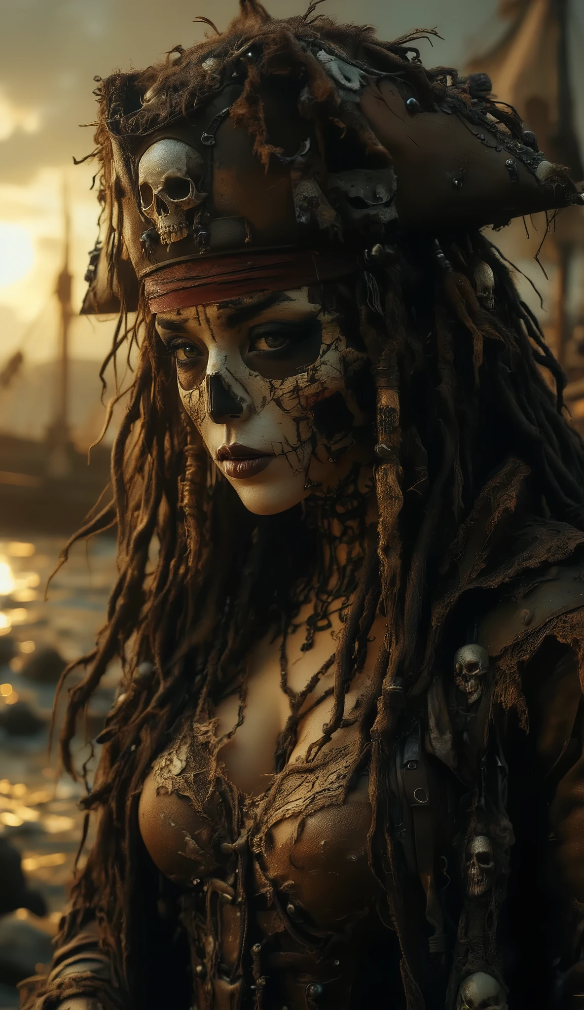 Realistic, Masterpiece, 32k, A young woman, likely in her late teens or early twenties, with dark brown dreadlocks,  wearing a detailed pirate-inspired costume.  The costume includes a weathered, brown pirate hat adorned with skull motifs, a  cream-colored, lace-trimmed top, and a dark brown, intricately decorated, leather-like jacket,  embellished with metal details and intricate lace accents.  The woman's face is painted with intricate, detailed skull makeup, giving her a striking, almost ethereal appearance.  Her eyes have dark shadows, creating an intense, somewhat melancholic expression.  The clothing appears  worn and aged, with rich textural details.  The lighting is dramatic and focused, highlighting the intricate details of the makeup and costume. The scene is evocative of a pirate or fantasy story, with a subdued atmosphere that hints at a melancholic, mysterious mood.  Full body shot, medium close-up.  Detailed,  high-quality image, photorealistic, 32k resolution --ar 1:1 --q 2 --s 750 (freckles), (bloody scars), (pretty face), (sweaty skin), detailed pirate ship background, golden hour lighting, cinematic moody atmosphere, masterpiece, 32K, ultra-detailed, physically-based rendering, vivid colors, dramatic lighting, warm color palette.