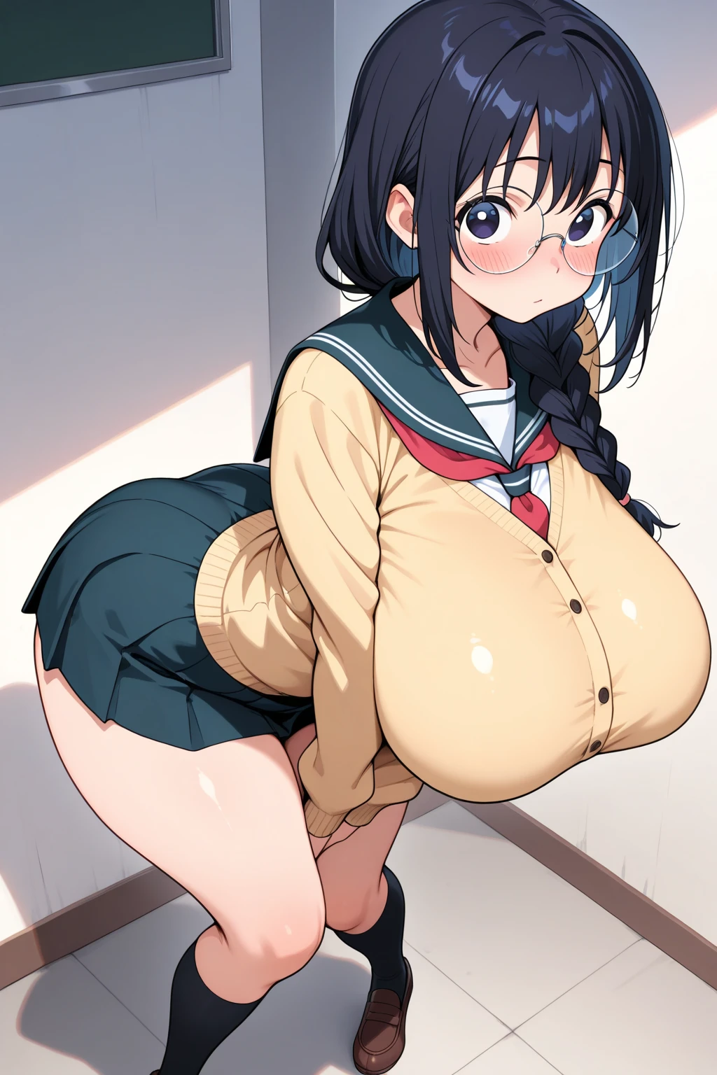 NSFW, wore a romper、Pigtails with black hair、Chubby、1 female、Junior high school student wearing an oversized diaper、big breasts and ass milk, embarrassed look、vapor、pacifier with glasses