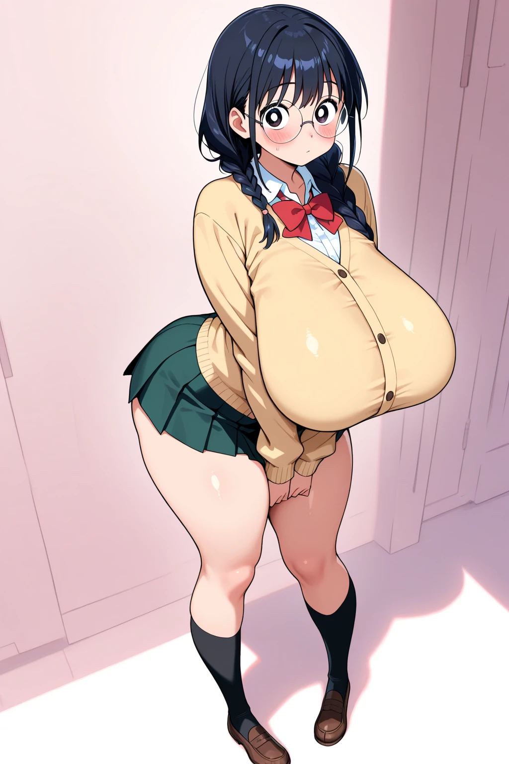 Stema Peace、hanekawa tsubasa、attack of glasses、A dark-haired、two braids、large boob、 (Black hair, Brown eyes, Round face), (nose blush, half opened eye),, [Full body shot]、eye glass、Head-to-toe shots、A dark-haired、Tying up the chest...、lifted by a rope、あいuncensored、uncut、20+、Ahegao、Overflowing love juice、uncensored、pink nipples、