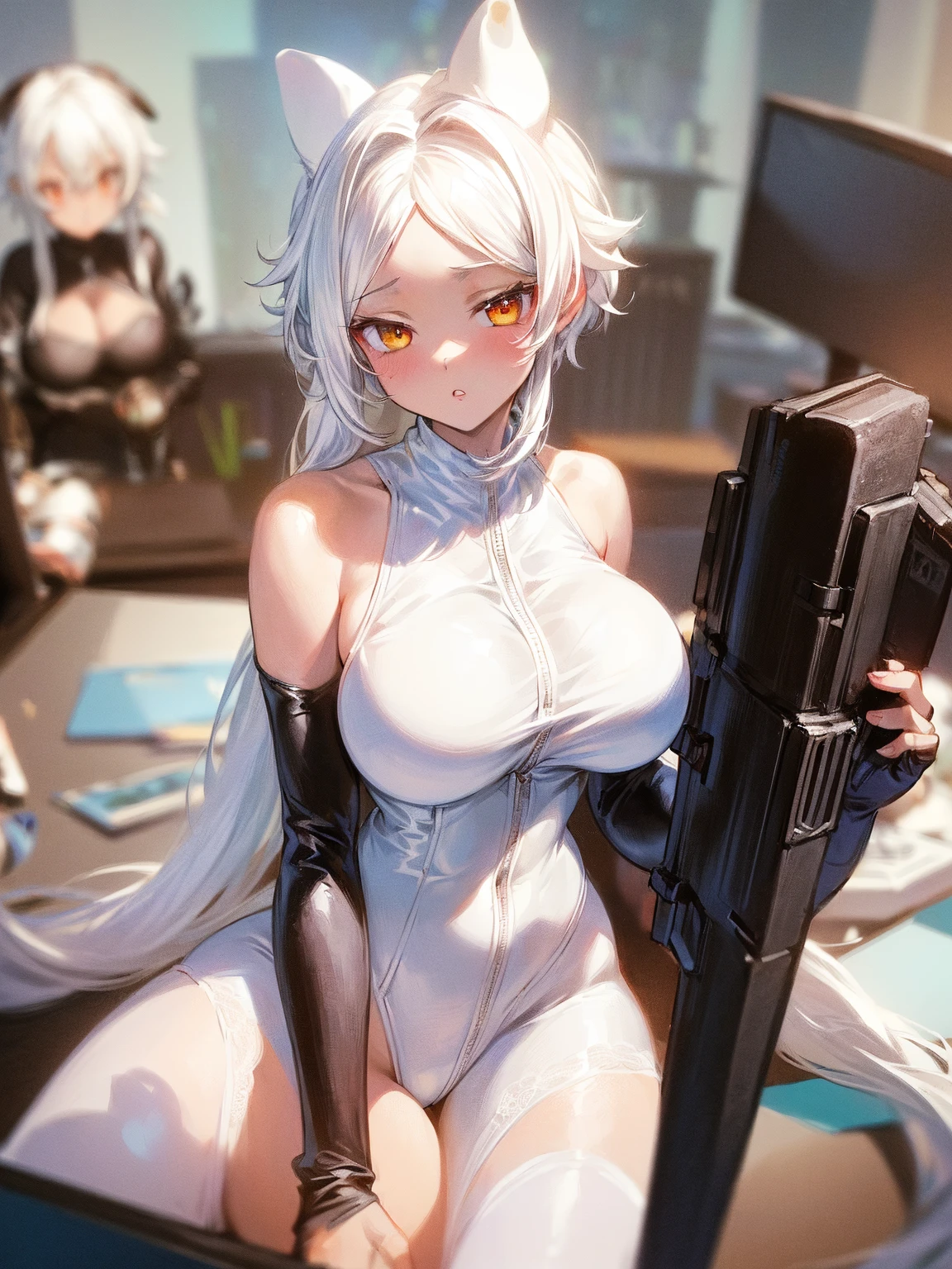 (lifelike, high - resolution:1.3), 1 girl with a perfect body,slender body, Super fine face and eyes,assasin, dark makeup, shiny skin,white hair, (caught in a sex machine, men surrounding, running tests),Expose cleavage, (sex machine, restrained, bound, bdsm, object insertion, smachine) (wet skin, shiny skin)
