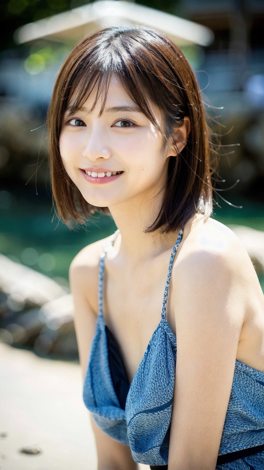 Highest quality, Realistic, Very detailed, finely, High resolution, 8k wallpaper, Professional, High level of detail, ((18-year-old girl:1.2)), Slender Japanese women,Pretty lips, (Beautiful long eyelashes:1.2)、Collarbone Detail, Perfect Face, (cute short bob hair:1.5),Highest quality,Ultra-clear resolution,Clear Eyes,White skin,Perfect big breasts,have perfect legs,(Sandy beach with a view of the sea:1.5)、(A serious expression and a kind smile:1.5)、Random eyes