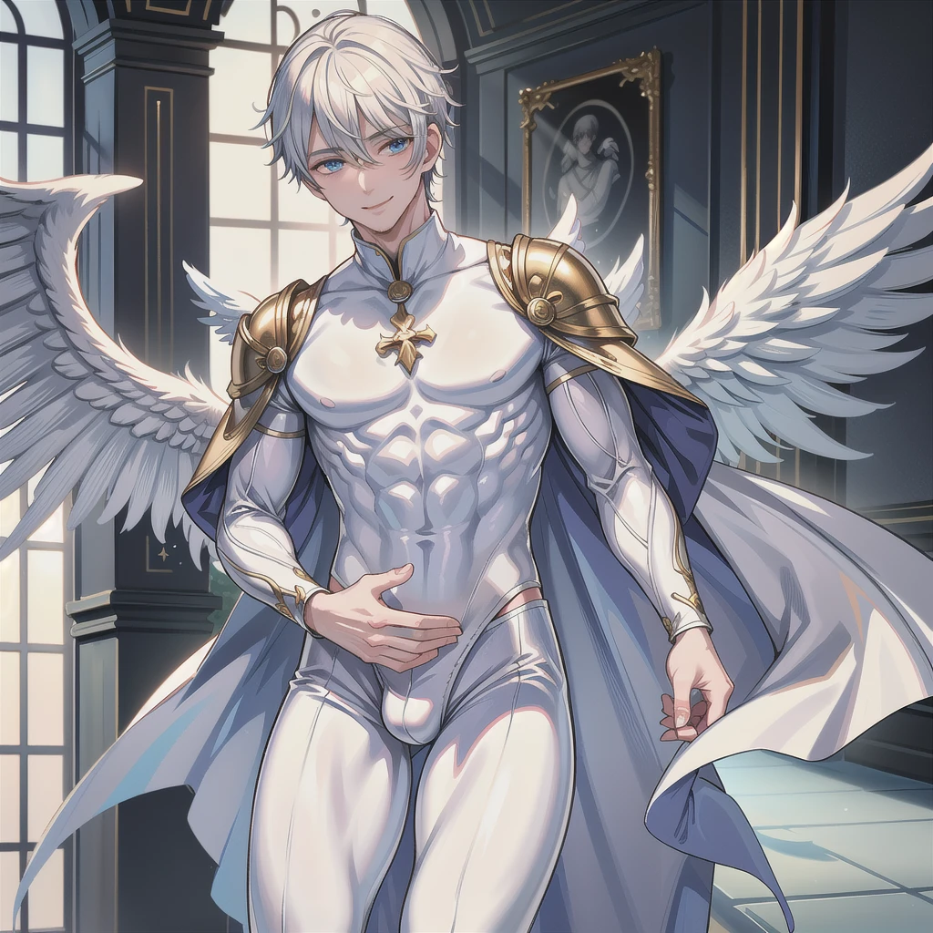 masterpiece, highest quality, (Focus alone), (Perfect Face:1.1), (Attention to detail:1.1),dramatic, (an alluring albino  naked angel guy with long flowing pure white hair and piercing 黒い目),I can see your abs,Handsome,,Short Hair, huge penis, long big dick expose, perfect pretty penis, 