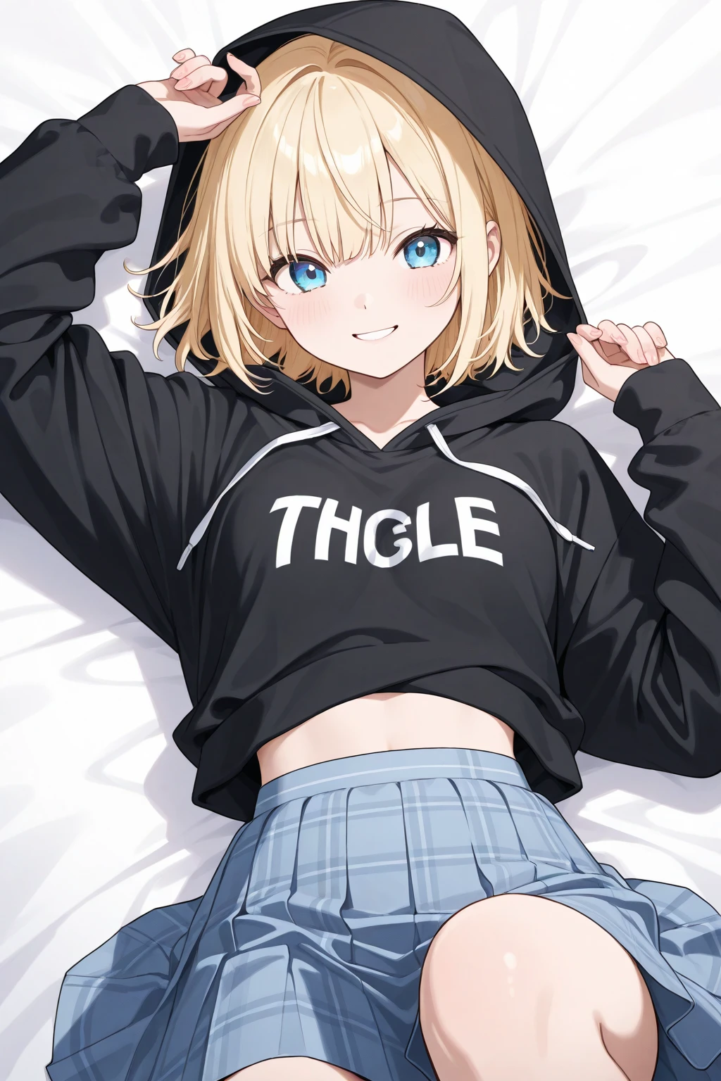 Blonde hair, short mash hair, turquoise eyes,A girl with impressive blonde hair、hair ornaments、short bob、hot pants、smile、dynamic pose, plain white hoodie, black shorts, black sneakers, mocking smile