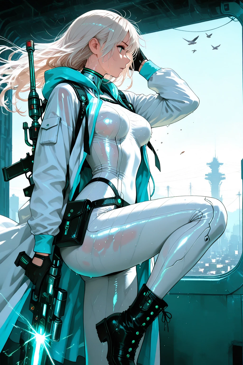 1monk warrior girl with white techwear clothes, Long white hair, shoelace, Vintage Scifi Background Abstract, Art by Moebius, Art by Ashley Wood