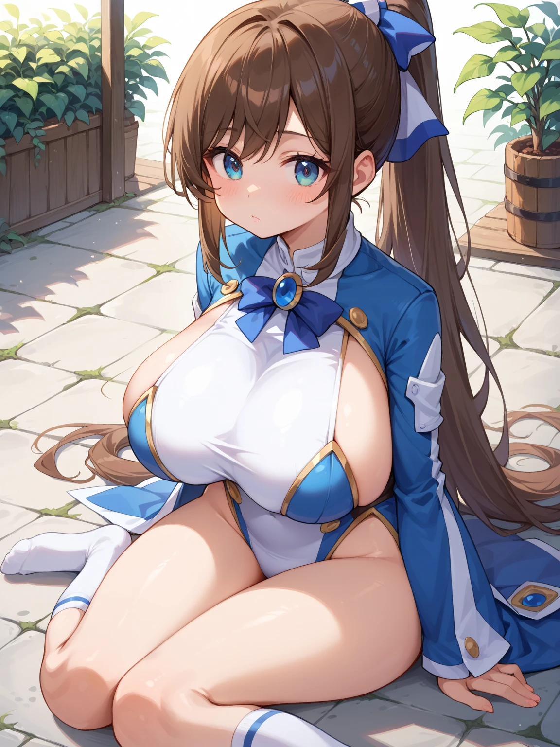 masterpiece, best quality, beautiful art, high resolution, well formed hands, body and fingers,1 woman, solo, Miss Hina, fox ears and fox tail, adult, grown up, hair ribbon, big breasted, cleavage full body, long hair, hair ornament, gorgeous legs and thighs, blue_kunoichi_dress, white stockings, sleeveless, she is doing exercise, warming up, stretching her body, bouncing breasts, sexy and erotic training, working out, sweating, smiling joyfully and brightly, training montage session, beach environment