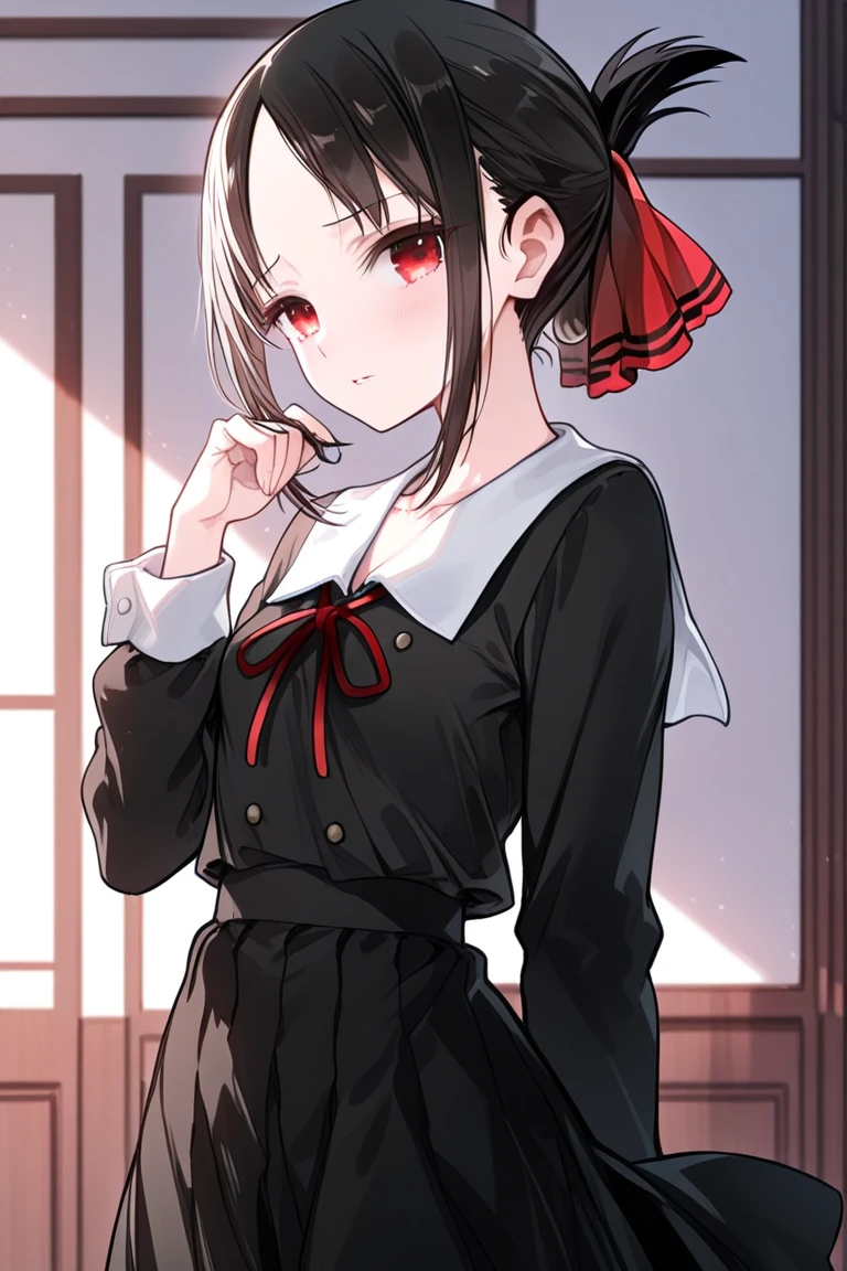 (masterpiece, best quality:1.2), expressive eyes, perfect face, highres,1girl, solo, aakaguya, short hair, folded ponytail, hair ribbon, parted bangs, neck ribbon, red ribbon, black dress, black shirt, long sleeves, black sleeves, schoolyard background, smiling, standing, cowboy shot, looking at the viewer