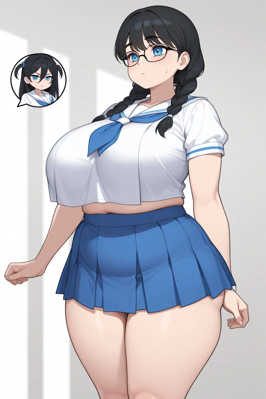 One Girl,{Knee-high socks}、(((Wide Hips)))、 (((Thick thighs)))、((Big Ass))、(Big Breasts) Embarrassed look,Short Stack、whole body、Sexy pose,jewelry、Earrings、Blue Skirt、Crop top、Holding、Absolute area、Pleated skirt