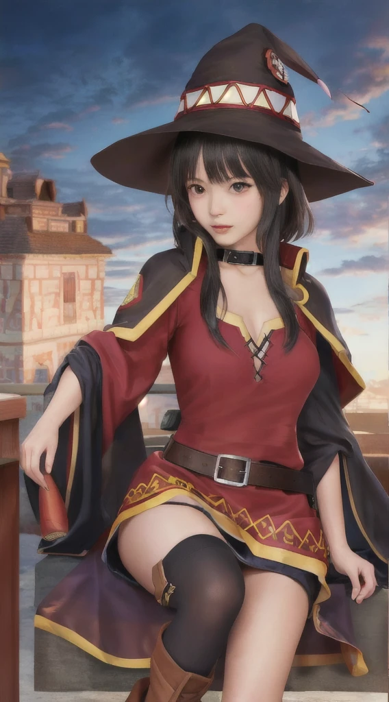 A girl about 10 years old dressed as a Buccaneer pirate。is smiling happily。The background is a Halloween townscape。