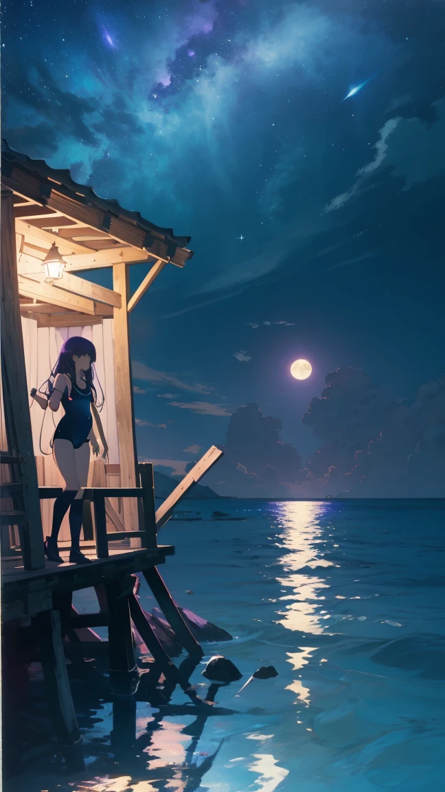 expansive landscape photograph with a fit girl in the foreground , (a view from below that shows sky above and open field below), a fit girl standing on flower field looking up, (full moon:1.2), ( shooting stars:0.9), (nebula:1.3), distant mountain, tree BREAK
production art, (warm light source:1.2), (Firefly:1.2), lamp, lot of purple and orange, intricate details, volumetric lighting BREAK
(masterpiece:1.2), (best quality), 4k, ultra-detailed, (dynamic composition:1.4), highly detailed, colorful details,( iridescent colors:1.2), (glowing lighting, atmospheric lighting), dreamy, magical, (solo:1.2)