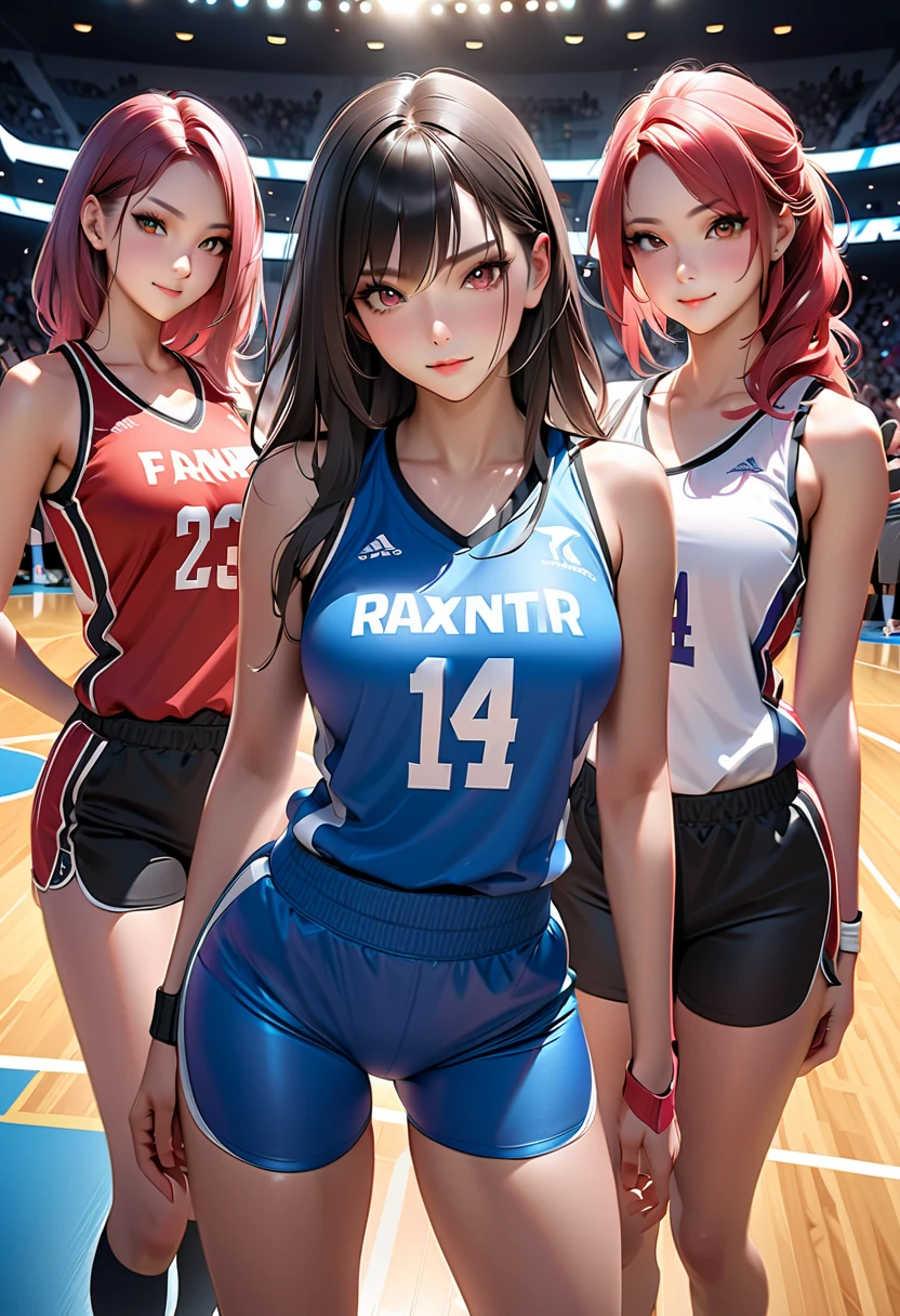 Masterpiece: 1.2, Best quality), Realistic, (Real picture, rich detail details, depth of fields), (1girll, Solo), Makeup, harelip, High detail, Perfect face shape, (Big breasts: 1.4), (skin indentation ), thick thight, Wide hips, Big breasts Thin waist, Tall guy, coral, Redlip, red - eyed, horse tailed,((((Girl playing basketball, Transparent black basketball uniform,V-neckline)))), (sweat leggs: 1.2), (dampness), Raised sexy, Be red in the face,Sweaty