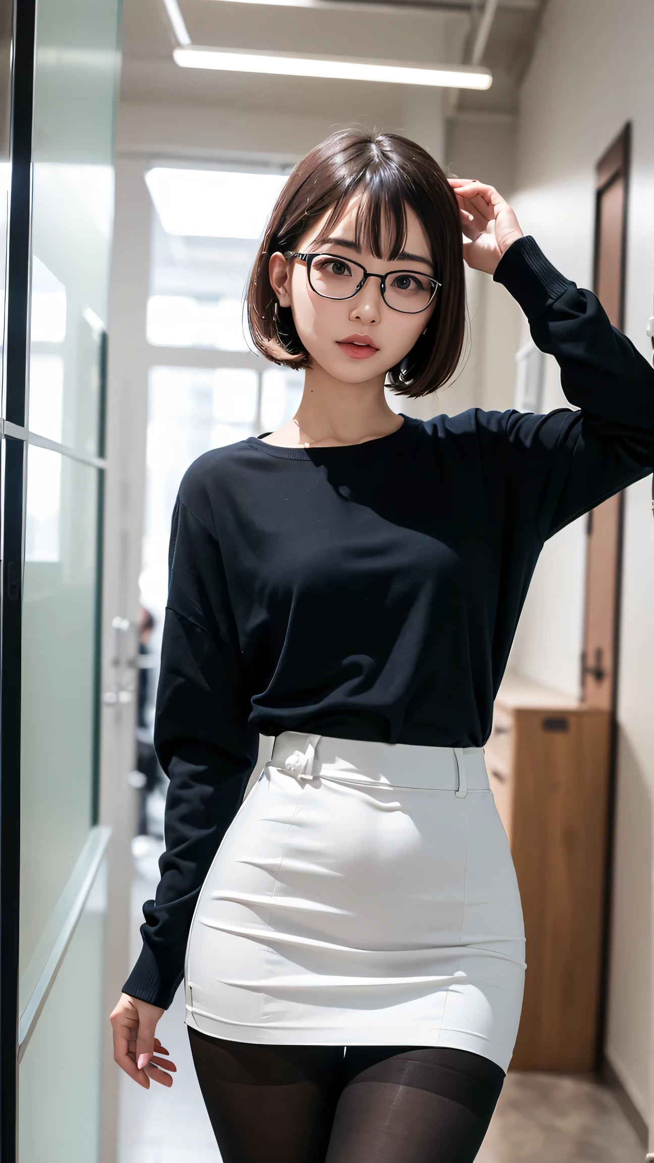 ((Best Quality, 8K, Masterpiece: 1.3)), 1 girl, full body, slim face, beautiful woman, (short dark brown hair), long skirt 1:1, ultra-detailed face, detailed eyes, evening, head down, sunglasses sitting on sofa in living room, dark light, blurred background, slim face,
