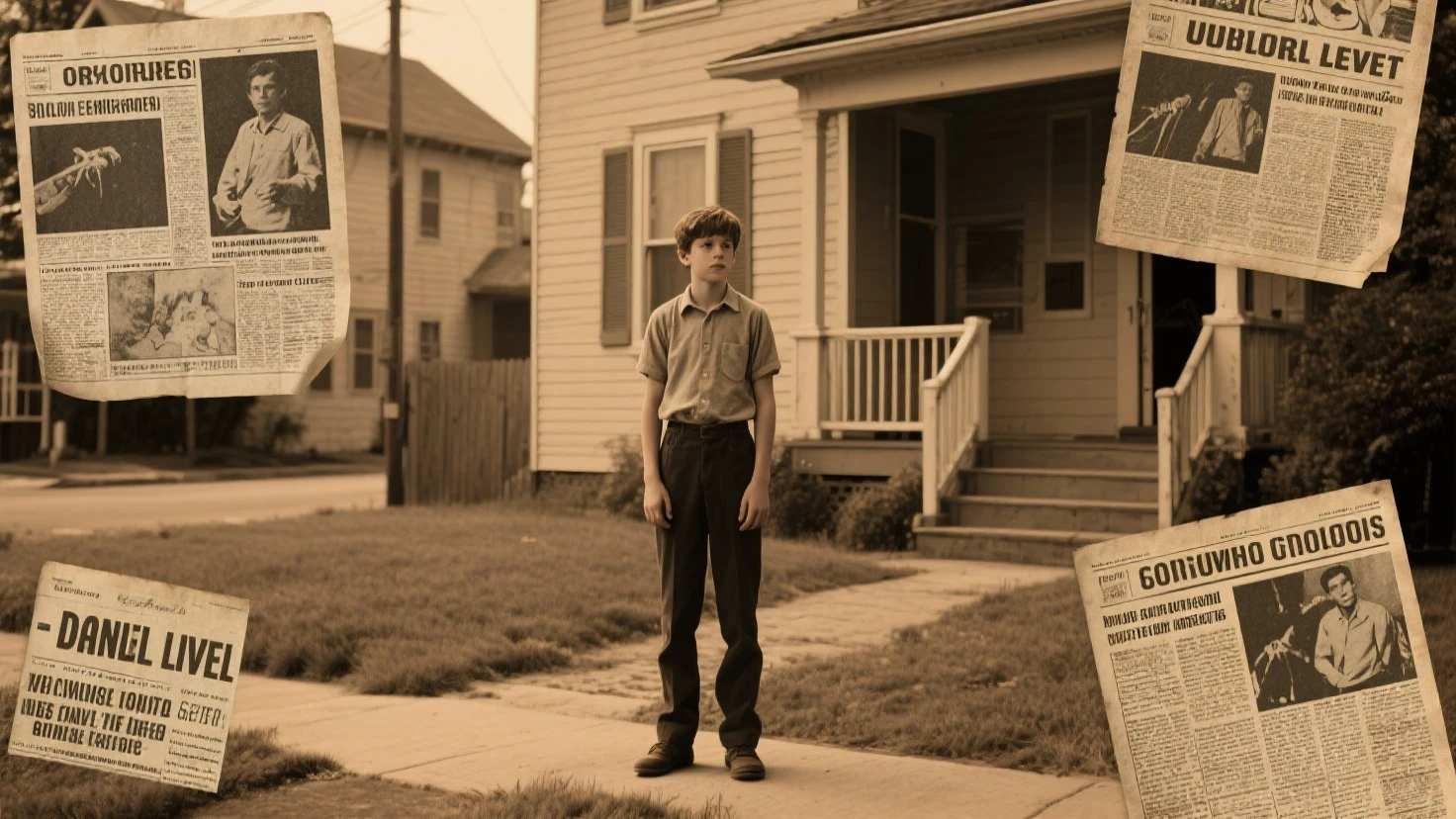 A close-up of the photo album opened to a page with a faded photograph. The photograph shows a young boy, clearly the same man from earlier, standing in front of the very same house. Behind him, a shadowy, indistinct figure is barely visible. The image is haunting, with a sense of impending doom