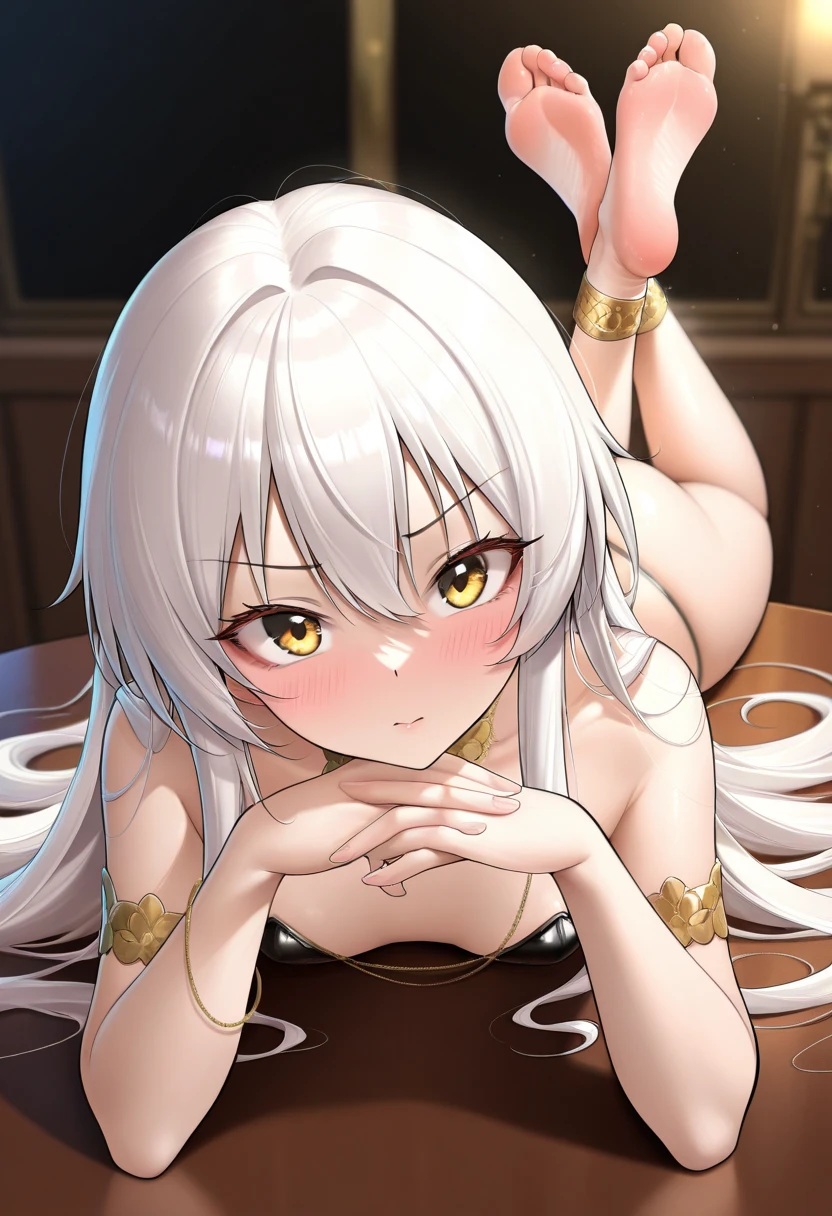 moody lighting, cute girl, (platinum hair), ((very long curly hair)), perfect face, innocent smile, (cerulean eyes), (naked), (petite), (slender), ((flat chest)), ((21 years old)), skindentation, extreme detail, attractive oval face, red lips, pink nipples, glossy skin, detailed hair, face focus, close-up chest, ornamental gold necklace, gold earrings, ((1 girl)), (stockings), embarrassed expression, elf ears