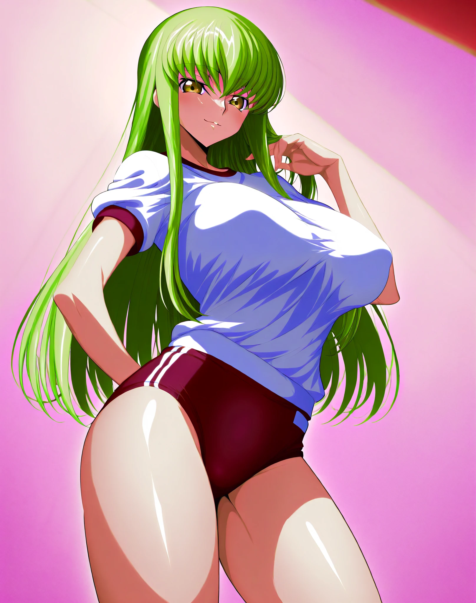 Code Geass, C.C, 1girl, (((bimbo))), puffy lips, painted lips, thick lips, wide hips, thick thighs, big breast, huge ass, revealing cleavage, erotic, Smile face, bubble butt, camel toe, Breasts, in the gym, lifting weights, white sports bra, white panties, camel toe, looking back, close up ass,