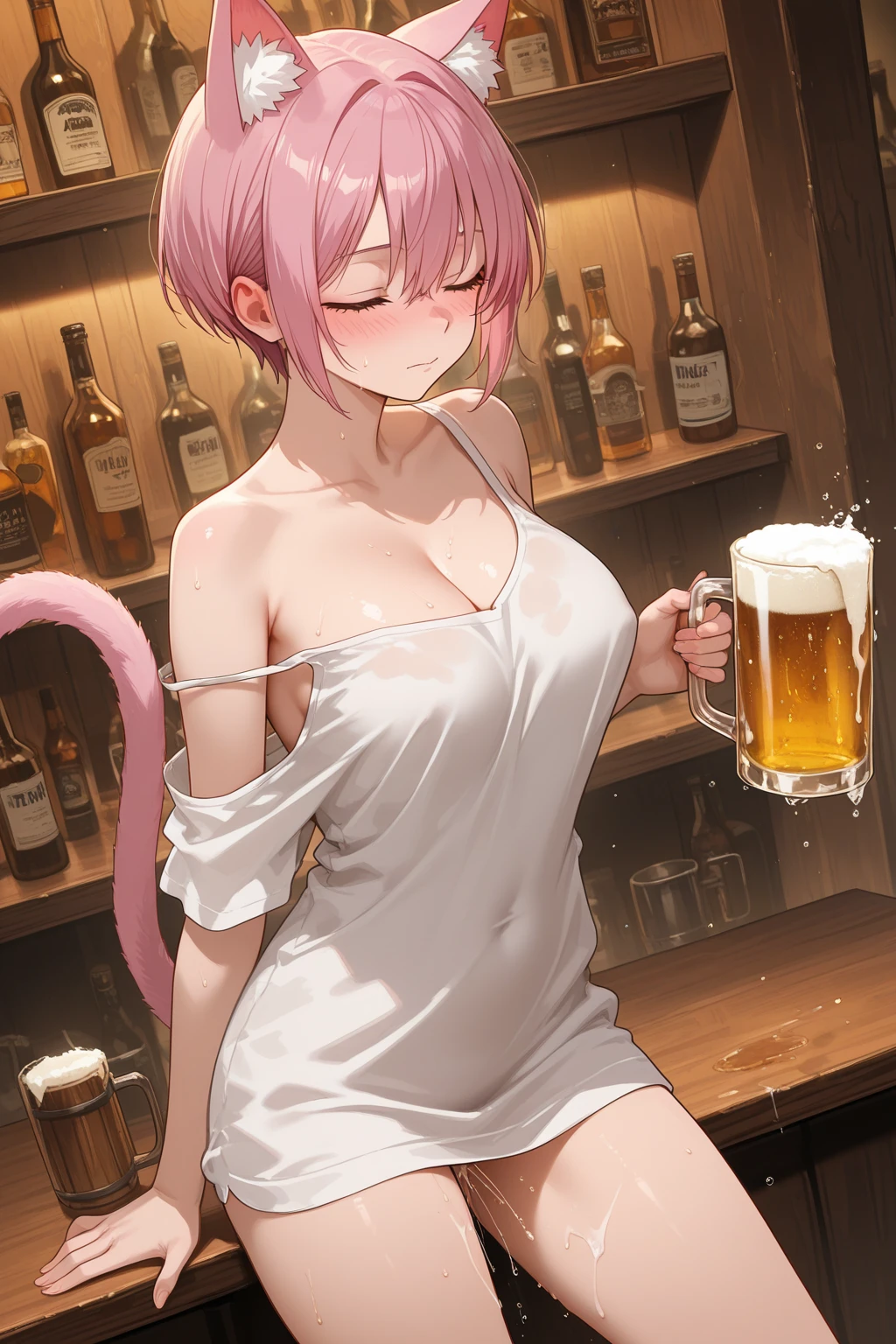 twisted hair, dark skin, lively, big forehdad, Tank top, sensuous, mini pants, pub, (drunk), beer, blush, drinking, Indecent clothes, smile with closed eyes, open mouth, afterglow,I am the star、Enchanting chest、black cat on the side、